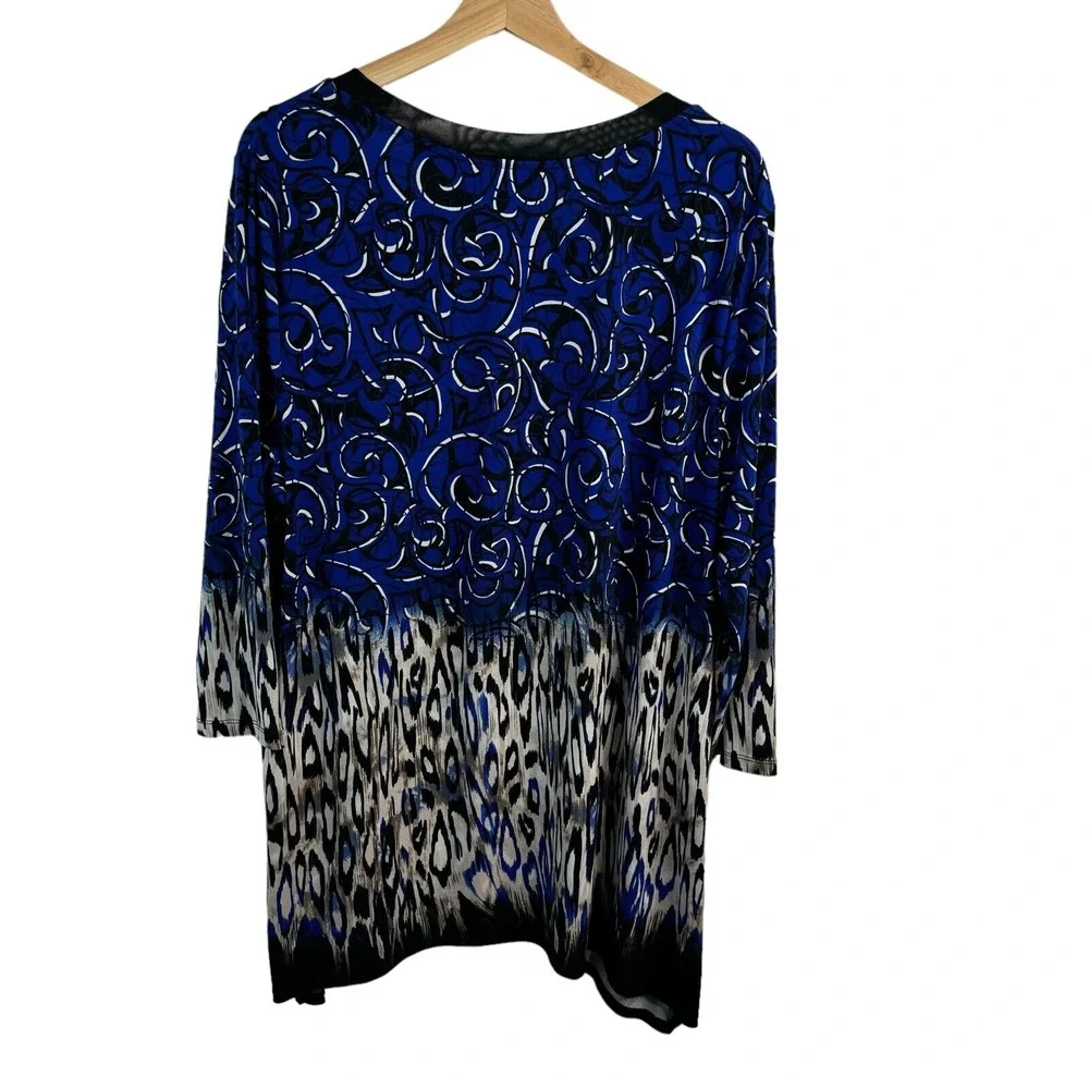Travelers by chico's Sz 3 women's 3/4 sleeve popover tunic top scoop plaid Blue - Picture 2 of 3